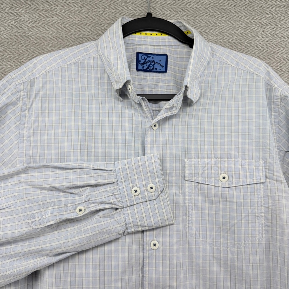 Tommy Bahama Linen Shirt Size M Blue Cotton Plaid Long Sleeve Button Down Casual